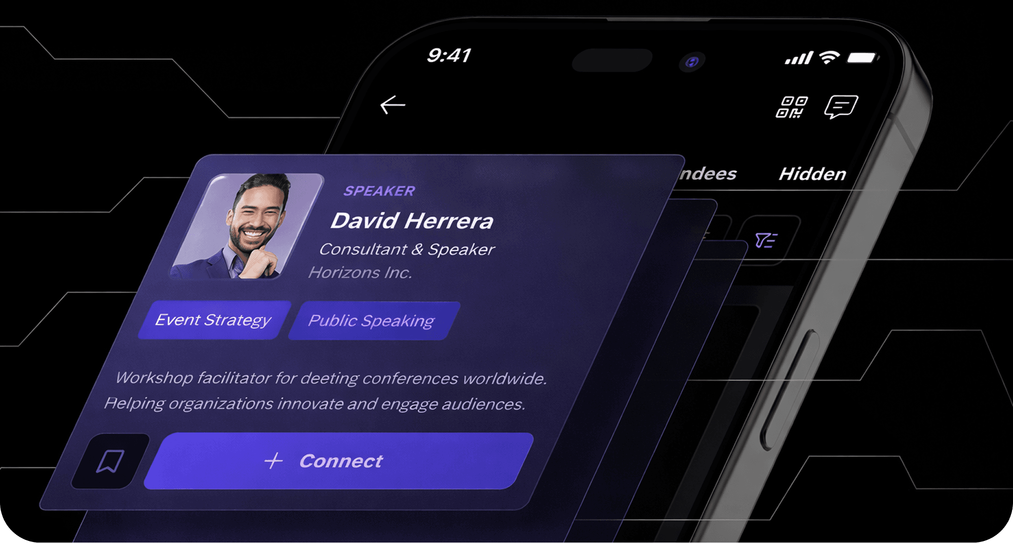 Conecta attendee discovery screen showing smart matchmaking suggestions