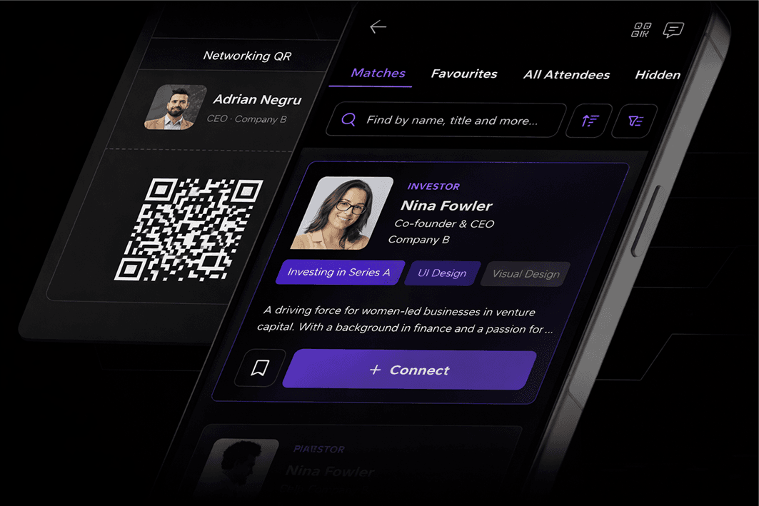 Conecta networking app showing matches and connection requests