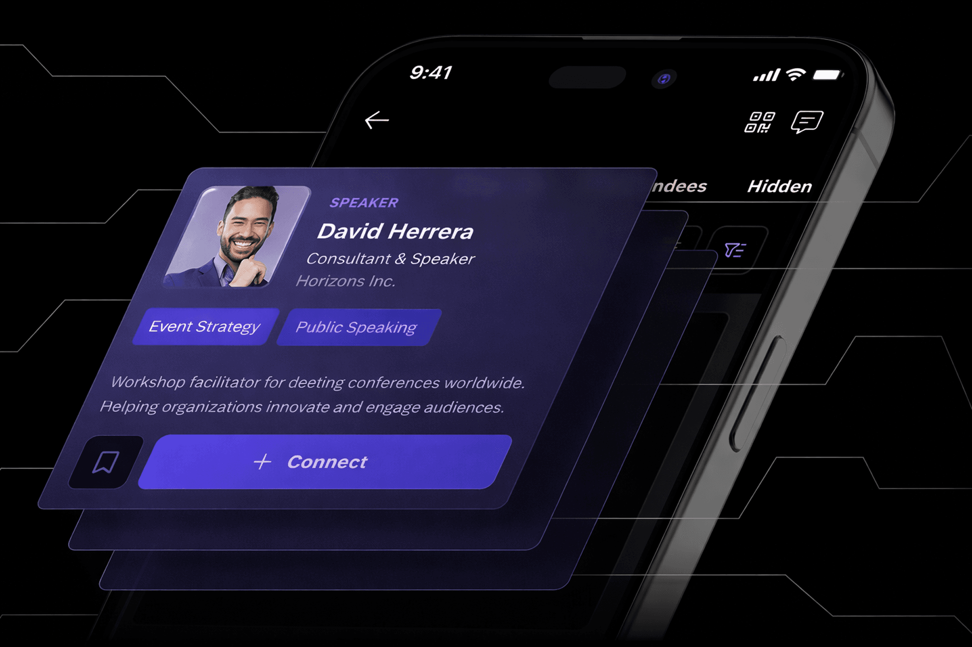 Speaker profile with event strategy tags and connect button on mobile app
